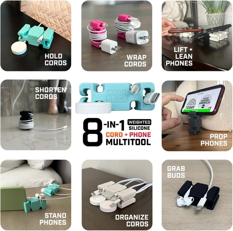 CordBrick Stocking Stuffers for Adults Cord Management Weighted Cord Holder Cable Wrap Phone Stand - Multiuse Gadget Organizer for Nightstand, Desk. Gift for Men, Durable Silicone. 1pk Black - Image 5